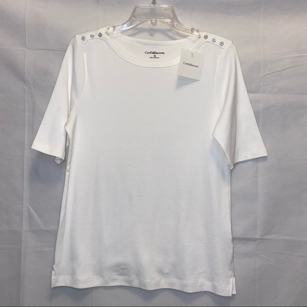 Croft & Barrow White Tee Shirt with Buttons on Shoulders - Medium